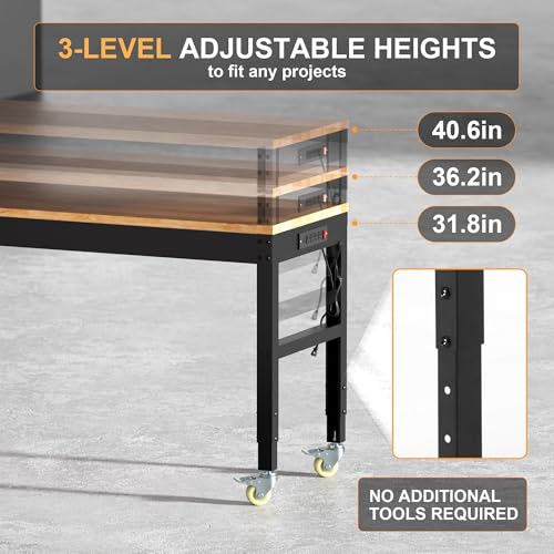 Hombanyan Heavy Duty Workbench Adjustable, Solid Wood Working Bench, Work Tables with Power Outlets for Home Office, 2000 Lbs Capacity (48 inch with Wheels) Hombanyan