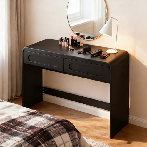 Vanity Desk, Makeup Vanity Desk with 2 Drawers and Storage Desktop Space, Modern Makeup Vanity Dressing Table with Curved Profile Design, Black Makeup Computer Writing Desk for Home Office Bedroom SOLACE FURNITURE