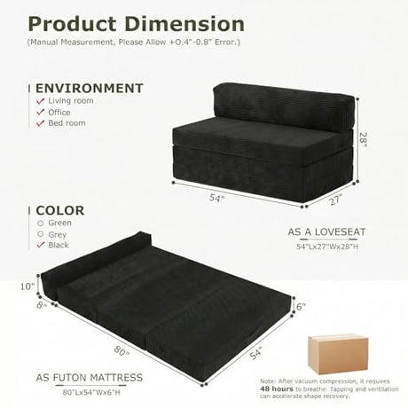 NLDD 5-in-1 Convertible Sofa Bed, Boneless Couch Loveseat Sleeper with Removable Cushions & Washable Cover, Futon Sofa Bed with Handle, Pull Out Couch for Small Spaces, Full Size, Black NLDD