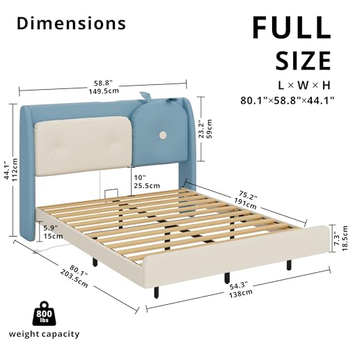 LIKIMIO Full Floating Bed Frame, Platform Bed Frame with Leather Upholstered Headboard, LED Light & Charging Station, Solid Wood Slats Support, No Box Spring Needed, Blue LIKIMIO