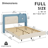 LIKIMIO Full Floating Bed Frame, Platform Bed Frame with Leather Upholstered Headboard, LED Light & Charging Station, Solid Wood Slats Support, No Box Spring Needed, Blue LIKIMIO