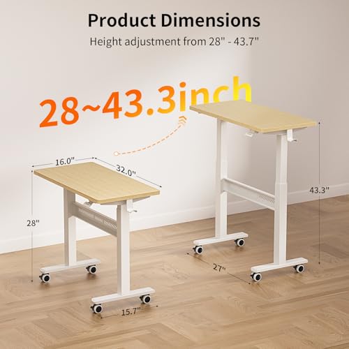 WALKINGDESK Mobile Walking Pad Desk with Wheels, Pneumatic Small Rolling Standing Desk Riser Height Adjustable (28-43.7") for Treadmill, Portable Computer Table for Home Office, Oak WALKINGDESK