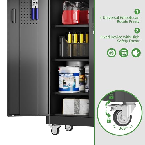 Reemoon 71" H Garage Storage Cabinets with 5 Adjustable Shelves and Door Pegboard,Metal Storage Cabinets with Wheels for Garage Home,Required Assembly,Black Reemoon