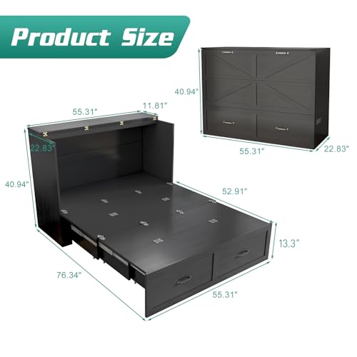 Hlivelood Full Size Murphy Chest Bed with Drawer and Charging Station, Farmhouse Wood Space-Saving Hidden Folding Bed Chest, Multifunctional Storage Cabinet Beds for Bedroom, Office, Black Hlivelood