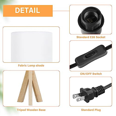 Small Beside Table Lamp, Wood Tripod Table Lamp with White Fabric Shade, Cute Boho Nightstand Lamp, Minimalist Desk Lamp for Bedroom Living Room Nursery Kids Room Office Dorm, Bulb Not Included Brightever