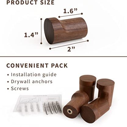 NAUMOO Natural Wooden Wall Mounted Hooks - Pack of 4 - Modern - Handmade Decorative Wood Pegs Minimalist for Hanging Hat, Coats (Black Walnut Wood) - WoodArtSupply