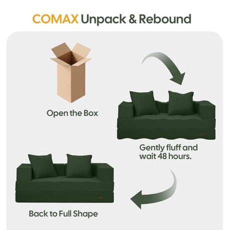COMAX Futon Sofa Bed, 4‑in‑1 Convertible Sofa Bed, Folding Boneless Couches for Living Room, Fold Out Small Foldable Loveseat Floor Sleeper Comfy Mattress Lounge Space‑Saving, Green COMAX