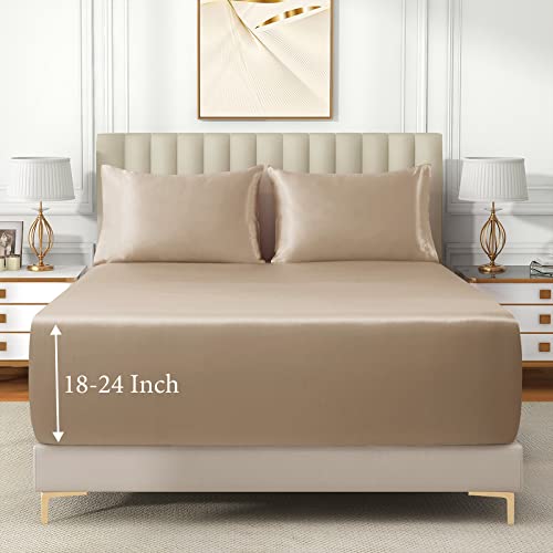 VACVELT 3pcs Extra Deep Pocket Satin Fitted Sheet Set King Bed Set, Beige Bottom Sheet Fit 18-24 Inch Deep Pocket Mattress, Silky Bedding Set Soft & Ultra Deep Fitted Sheet & 2 Pillowcase VACVELT