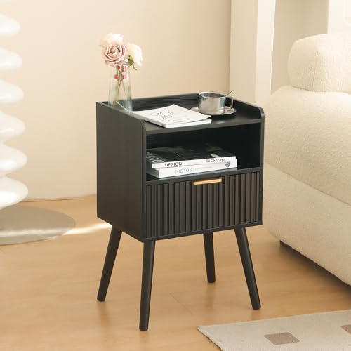 AWASEN Black Fluted Nightstand, Modern Bedside Table with Storage Drawers, Small Night Stand Bed Side Table with Solid Wood for Living Room, Bedroom, Office and Small Space (Black) AWASEN