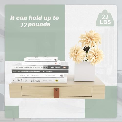 Bloddream Floating Shelf with Drawer, Nightstand for Bedroom - 16'' Wall Shelf, White Floating Shelf with Storage, Floating Bedside Table (Natural) Bloddream