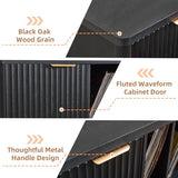 LEYAOYAO Large Record Player Stand with Vinyl Storage Up to 450 Albums, Wood Fluted Boho Record Storage Accent Cabinet, Modern Stereo Media Cabinets, Wide Turntable Stand for Living Room, Black Oak LEYAOYAO