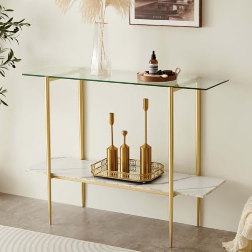 LumFurn Glass Console Table for Living Room, Foyer & Entrance, 2-Tiers Mid-Century Modern Sofa Table with Clear Glass Top, White Marble Finish Wood Shelf and Gold Finish Frame LumFurn