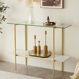 LumFurn Glass Console Table for Living Room, Foyer & Entrance, 2-Tiers Mid-Century Modern Sofa Table with Clear Glass Top, White Marble Finish Wood Shelf and Gold Finish Frame LumFurn