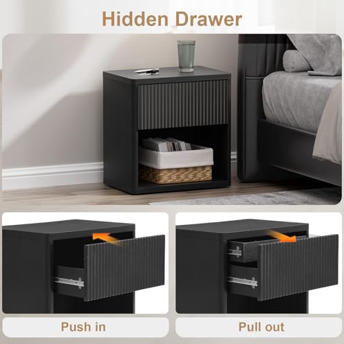 Yechen 22.8" W Black Nightstand Set of 2 with Hidden Drawers and Open Shelves, Mid Century Modern Nightstand Curved Profile, Large Wood Fluted Night Stand, Accent Bedside End Table Yechen