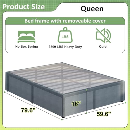 Upcanso 16 Inch Bed Frame Queen Size with Fabric Cover, Metal Platform Queen Bed Frame with Storage No Box Spring Needed, Heavy Duty Non-Slip, Easy Assembly Mattress Foundation Upcanso