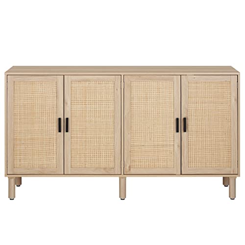 Finnhomy 4 Door Sideboard Buffet Cabinet, Kitchen Storage Cabinet with Rattan Decorated Doors, Cupboard Console Table, Boho Accent Liquor Cabinet, Bar Cabinet, 62.3X 15.7X 34.6 Inches, Natural Finnhomy