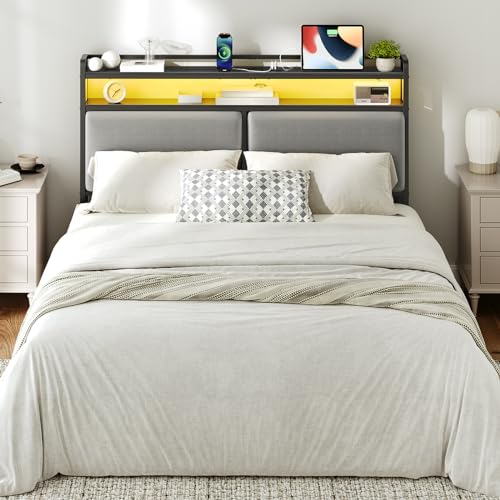 HOOBRO Queen Size Upholstered Headboard, Storage Headboard with Charging Station and Adjustable LED Lights, 2 Standard Outlets and 2 USB Ports, Queen Headboard Only, Easy Assembly, Black and Gray HOOBRO