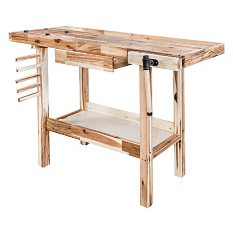 Olympia Tools 48-Inch Acacia Hardwood Workbench with Drawer - 330lbs Weight Capacity Heavy Duty Portable Wood Work Bench Table for Garage, Workshop, Home Storage - Woodworking Wooden Workbenches Olympia Tools