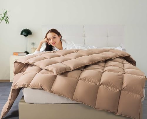Puffy White Feather Comforter Full/Queen Size with Feathers Down Fiber Filled, All Season Feather Duvet Insert, 100% Cotton Luxury Hotel Collection, 8 Corner Loops Vexino