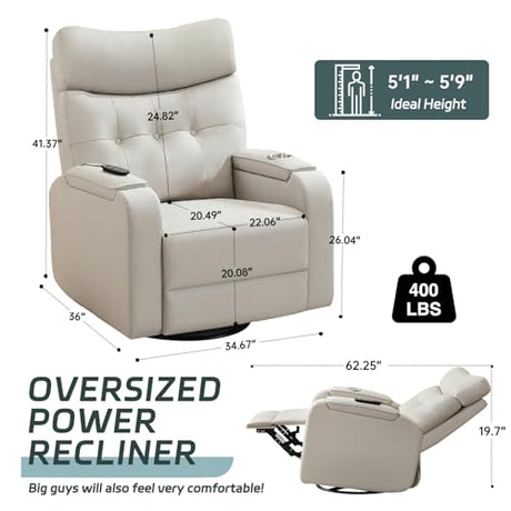 AEMEIOS Power Swivel Rocking Recliner with Massage & Heat, PU Leather Rocker Reclining with Type-C Port & Timing, Oversized Swivel Glider Recliner with Dual Storage Arms & Cup Holder, Light Grey AEMEIOS