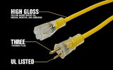 Yellow Jacket Heavy Duty Extension Cord, 100Ft, 12 Gauge, 3 Conductor, Lighted End, Weather Resistant, SJTW, Yellow, 2885 Yellow Jacket