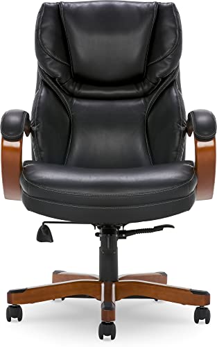 Serta Conway Big and Tall Executive Office Wood Accents, Adjustable High Back Ergonomic Computer Chair with Lumbar Support, Bonded Leather, 30.5D x 27.25W x 47H in, Black Serta