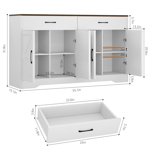 55" Sideboard Buffet Cabinet with Storage, Large Kitchen Storage Sideboard with Drawers & Doors, Modern Wood Farmhouse Coffee Bar Cabinet, Buffet Table for Kitchen, Dining Room, Living Room, White GRUSIGN