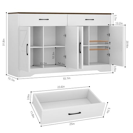55" Sideboard Buffet Cabinet with Storage, Large Kitchen Storage Sideboard with Drawers & Doors, Modern Wood Farmhouse Coffee Bar Cabinet, Buffet Table for Kitchen, Dining Room, Living Room, White GRUSIGN