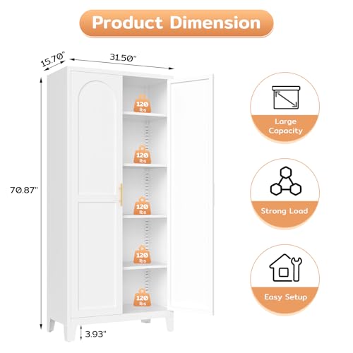 Zevemomo 71'' Tall Metal Pantry Cabinet with 2 Doors, Freestanding Kitchen Storage Cabinet with 4 Adjustable Shelves, Steel Cupboard for Kitchen, Pantry, Dining Room, Living Room, Bathroom, White Zevemomo