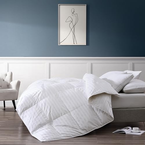 Hotel Grand Luxury White Down Comforter Twin Size, 600 Fill Power All Season Down Duvet Insert Twin, 500 Thread Count 100% Cotton Hotel Bedding Comforters with Stripe Pattern, Made in USA 68x90 Inch Hotel Grand