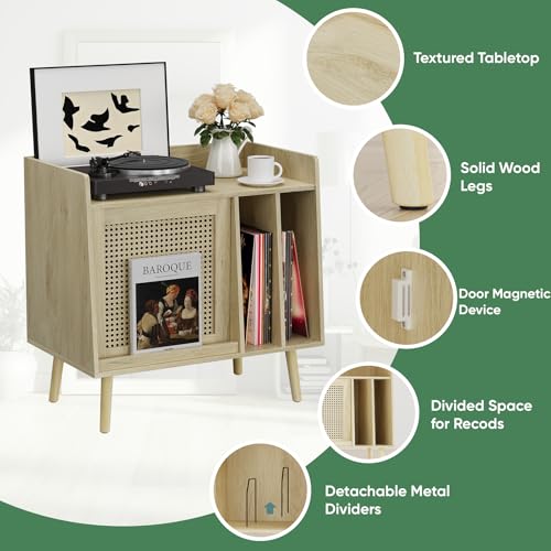 Kiasthome Large Record Player Stand with Storage Cabinet & Rattan Magazine Rack, Vinyl Record Storage Side Table with Solid Wood Legs for Living Room, Bedroom Kiasthome