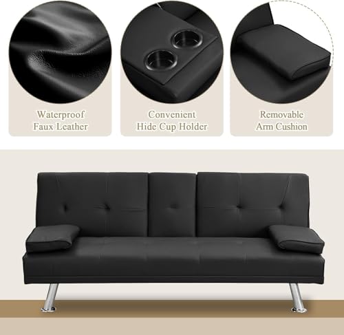Futon Sofa Bed Modern Folding Couch for Small Space, Faux Leather Convertible Loveseat Sleeper Bed Daybed Recliner Lounge Sofas for Living Room,2 Cup Holders,Metal Legs,Removable Armrests (Black) Anwick