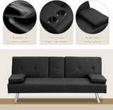 Futon Sofa Bed Modern Folding Couch for Small Space, Faux Leather Convertible Loveseat Sleeper Bed Daybed Recliner Lounge Sofas for Living Room,2 Cup Holders,Metal Legs,Removable Armrests (Black) Anwick