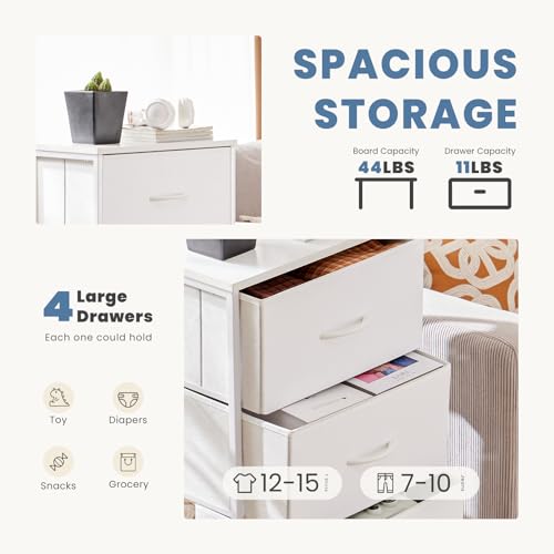 DUMOS Nightstand with 4 Drawers Bedside Table with Removable Fabric Bins Sturdy Steel Frame Wood Top Organizer Furniture for Bedroom Nursery Closet Living Room DUMOS