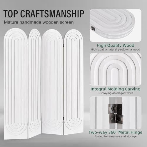 Aletheiawu Room Divider and Folding Privacy Screen 4 Panel Wood Arched Room Divider Wall, Separators Divider for Room Separation, Folding Portable Partition Screen for Home Office Bedroom (White) Aletheiawu