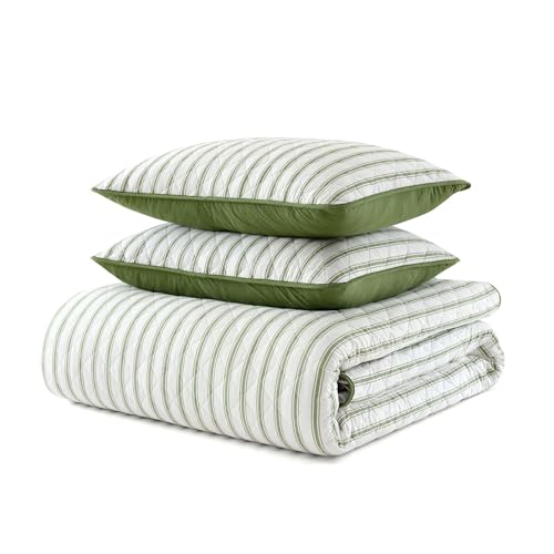 Martha Stewart - Twin Quilt Set, 100% Soft & Breathable Bedding with a Lightweight Feel for Year Round Comfort, 2 Piece Bed Set with Matching Pillowcase (Ticking Stripe Green) Martha Stewart