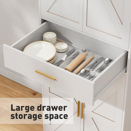 GTFURNI 71" Tall Kitchen Pantry Storage Cabinet with 4 Doors & Drawer, Adjustable Shelves, Farmhouse Cupboard, Freestanding Cabinet with Door Shelves for Dining Room/Living Space, White GTFURNI