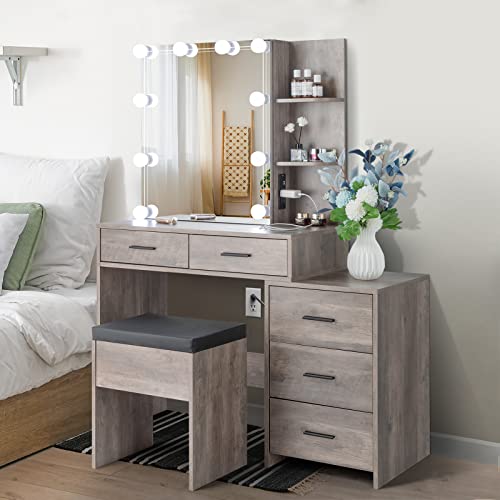 VINGLI Vanity Desk with Sliding Mirror & Lights & Charging Station & Drawers & Shelves, Farmhouse Modern Makeup Vanity Set with Stool for Bedroom - WoodArtSupply