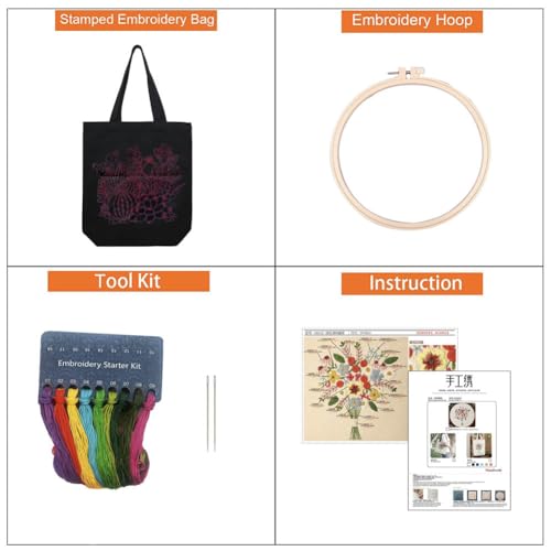 KABAKE Canvas Tote Bag Embroidery Kit for Beginners, Arts and DIY Crafts Starter Kit, Includes Stamped Bag, Threads, Tools (Beige With Cactus)