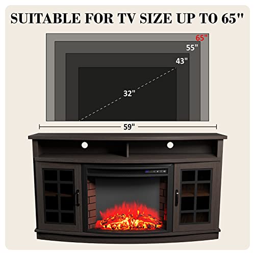 LUXOAK 59" Curved Fireplace TV Console, Entertainment Center Table with Open Shelves and Farmhouse Glass Door Media TV Cabinet Stand for TVs up to 65 - WoodArtSupply