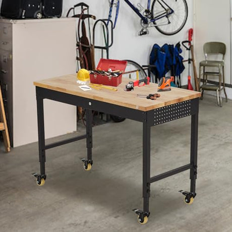 ACONEE 48" Adjustable Workbench, Heavy Duty Workstation 2000 LBS Load Capacity, Rubber Wood Top Workstation with 4 Rolling Casters, Power Outlets, Metal Frame, Wood Top Workbench for Workshop Garage ACONEE