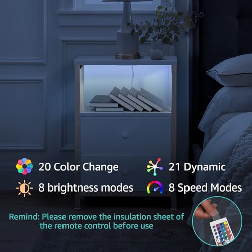 BOLUO Gold Nightstand with Charging Station, LED Night Stand with 2 Fabric Drawers, Bedside Table with USB Ports and Outlets, Nightstand for Bedroom Modern BOLUO