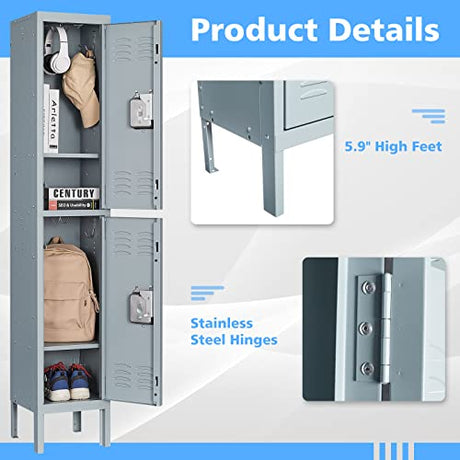 Letaya Storage Locker with Lock Door,Metal Storage Cabinet 4 Tier with Hook for Employees, School,Gym, Home,Office(2 Door-Gray) Letaya