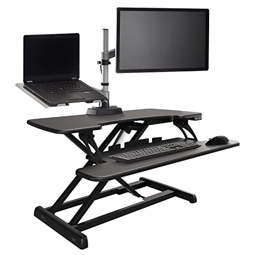 Vari Varidesk Pro Plus 36 Electric Standing Desk Converter – 11 Height Settings + Spring-Loader Lift, 2 Tier Design, Keyboard Tray – Fits Desktops 36” Wide x 26.5" Deep – Fully Assembled (Black) Vari