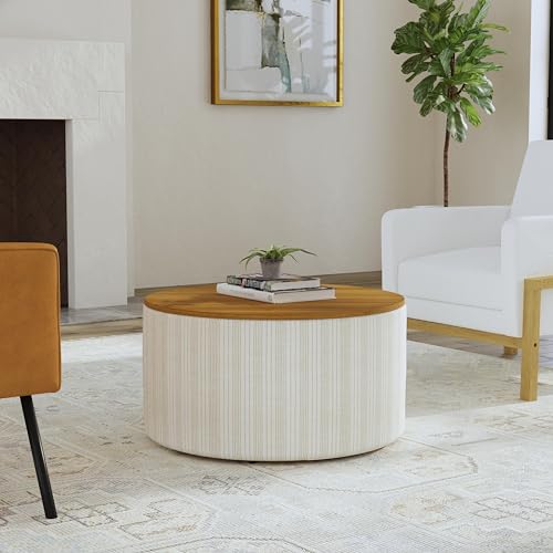 HomePop Modern Fabric Storage Ottoman with Wood Top -Marigold Pinstripe Cream Fabric HomePop