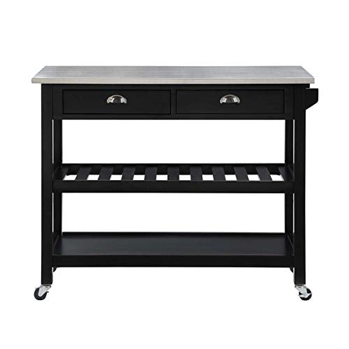 Pemberly Row Stainless Steel Top Kitchen Cart in Black Wood Finish