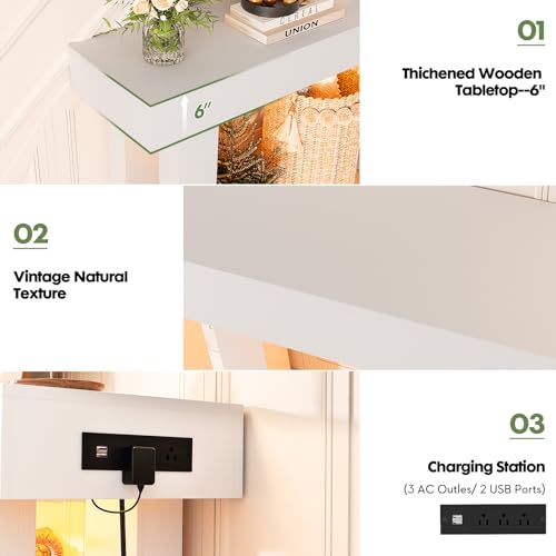 Unikito 63'' Farmhouse Console Table with Power Outlets and Sensor Light, Wooden Entryway Table with Storage, Rectangular Sofa Tables Behind The Couch for Entrance, Hallway, Living Room, Antique White Unikito
