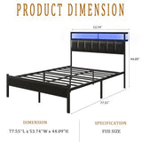 Full Size Bed Frame with Charging Station and LED Lights, Black Upholstered Headboard with 2-Tier Storage Shelves, Metal Bed Frame with Headboard, No Box Spring Needed, Easy Assembly,Black CollaredEagle