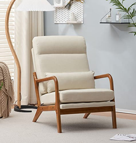 JOYBASE Lounge Accent Chair, Mid Century Modern Chair, High Back Chair, Wood Frame Armchair, Comfy Reading Chair for Living Room, Office, Bedroom (Off-White, Fabric), 34.6''D x 25.6''W x 36.6''H JOYBASE