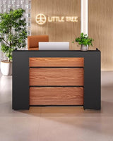 LITTLE TREE 63 Inches Reception Desk, Modern Reception Table with LED Light, Front Counter Desk, Wooden Checkout Counter for Lobbies, Salons, Retail, Home Offices, Reception Room, Black & Brown LITTLE TREE